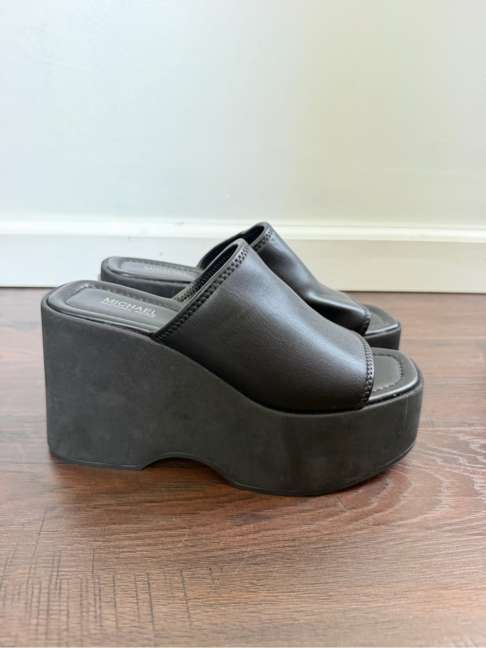 Michael Kors Black Platform Slide Wedges with Sculpted Sole